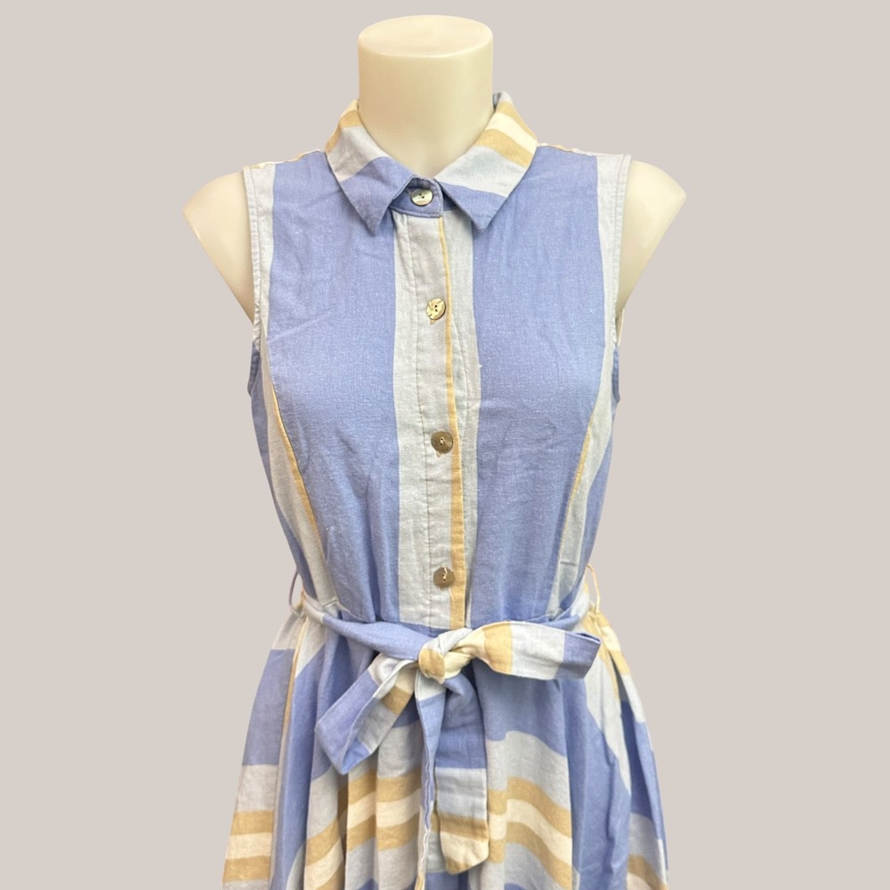 1. State Blue Cream Striped Collared Linen Midi Belted Fit & Flare Dress Size M - Picture 2 of 8